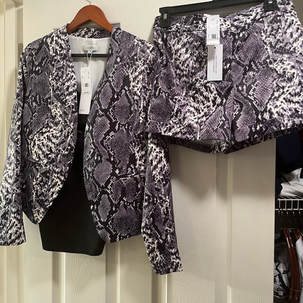 Oh Polly Black and White Snake Print Blazer and Skirt Set
